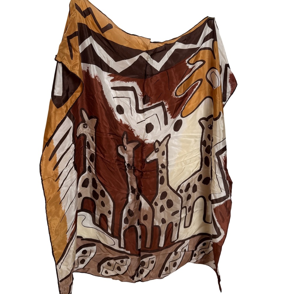 Vintage Giraffe Print Silk Scarf‎ Brown Tan Safari Art Deco Boho Eclectic Artsy